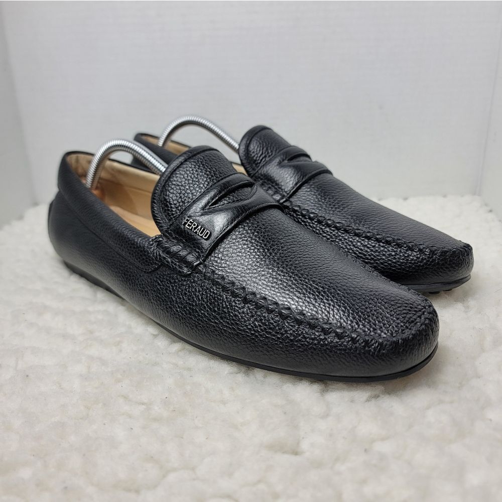Louis Feraud Paris Mens Driving Boat Loafer Size 9.5 Black Pebbled Leather Shoes